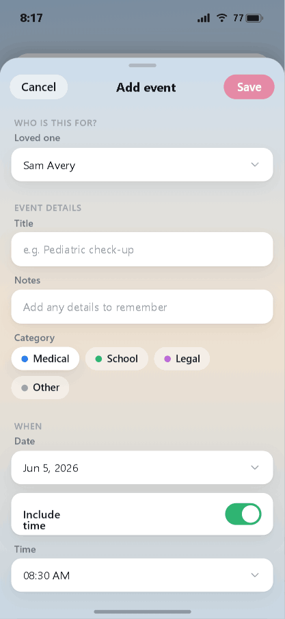 Add event form with loved one, title, category, date, and time