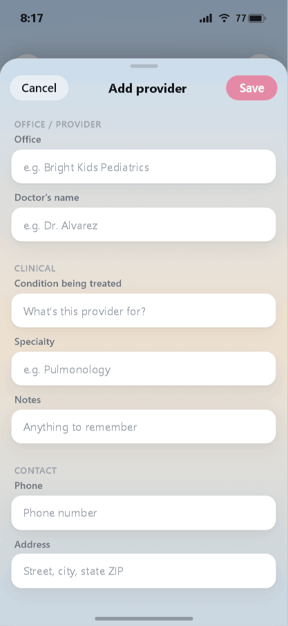 Add provider form with office, doctor, specialty, and contact fields