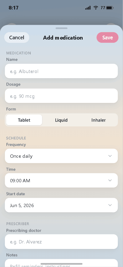 Add medication form with name, dosage, form, and schedule