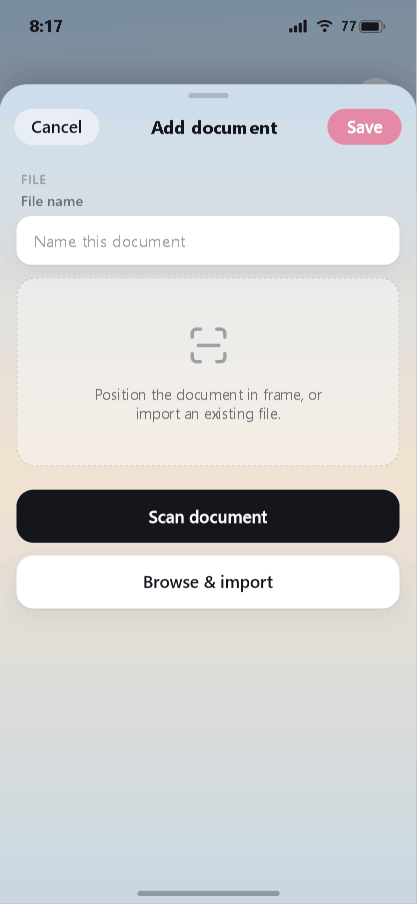 Add document screen with scan and import options