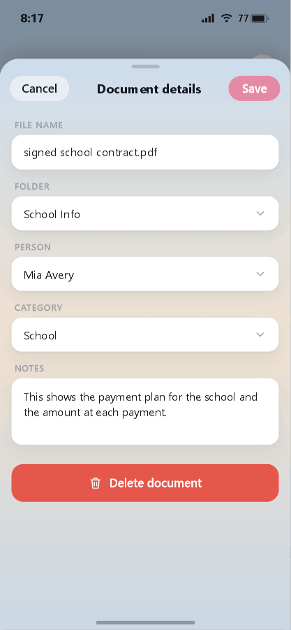 Document details screen with folder, person, category, and notes