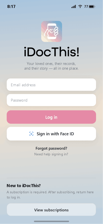iDocThis login screen with email, password, and Log in button