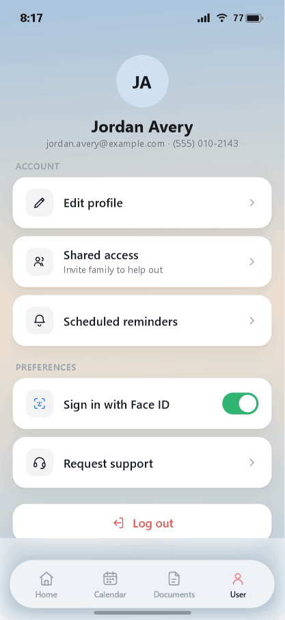 User tab with edit profile, shared access, reminders, and settings
