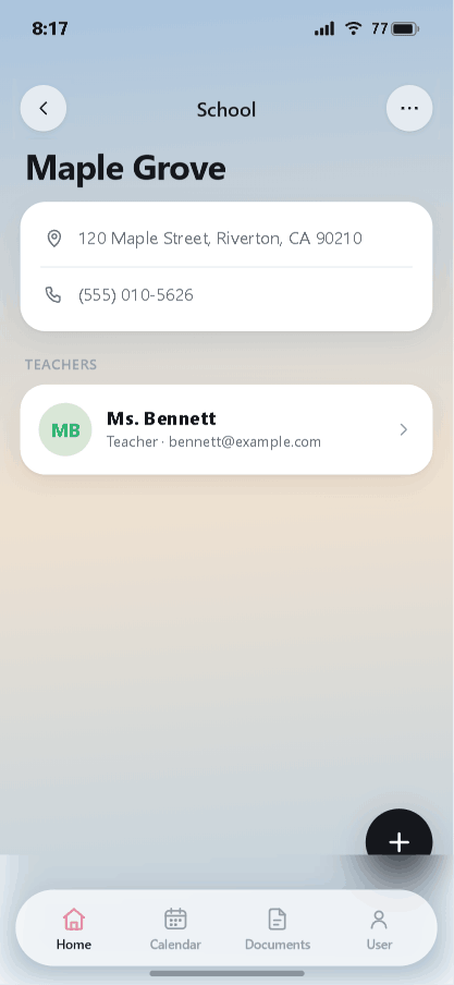 School record showing address, phone, and a teacher