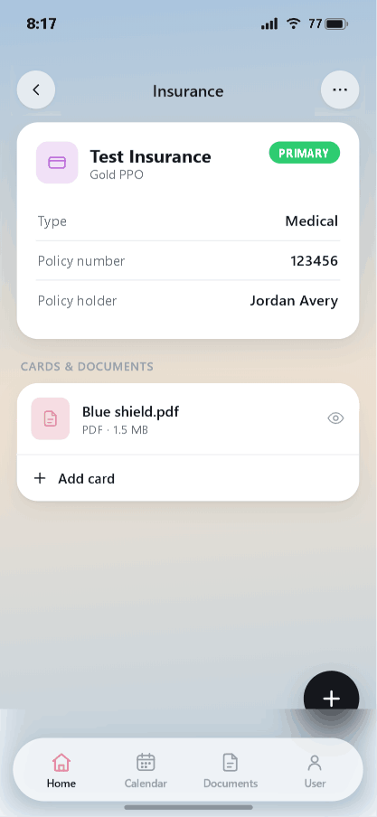 Insurance record with plan details and an attached card
